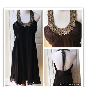 Anne Klein Brown Silk Gold Ring Necklace Halter Dress 10 Marilyn Monroe Flare